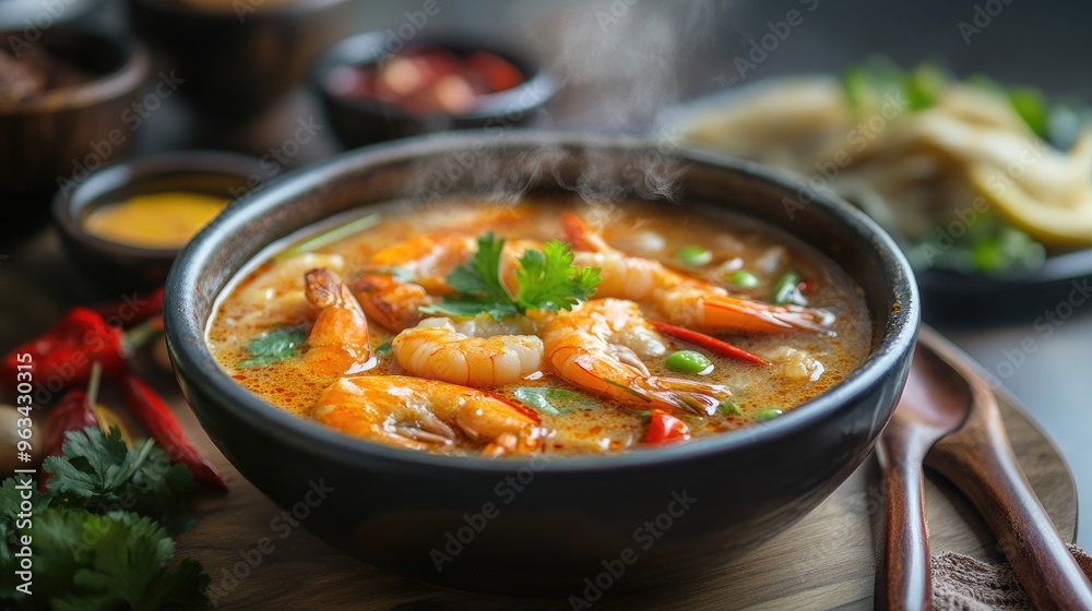 A cozy dining scene with a steaming bowl of hot and sour shrimp soup placed on a table with traditional Thai condiments and utensils. A cozy dining scene with a steaming bowl of hot and sour shrimp soup placed on a table with traditional Thai condiments and utensils.