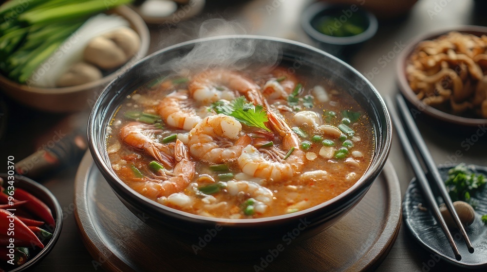 A cozy dining scene with a steaming bowl of hot and sour shrimp soup placed on a table with traditional Thai condiments and utensils. A cozy dining scene with a steaming bowl of hot and sour shrimp soup placed on a table with traditional Thai condiments and utensils.