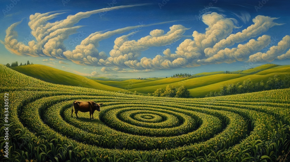 A crop circle with a grazing cow, set in a vibrant green field under a deep blue sky with soft, billowing clouds A crop circle with a grazing cow, set in a vibrant green field under a deep blue sky with soft, billowing clouds