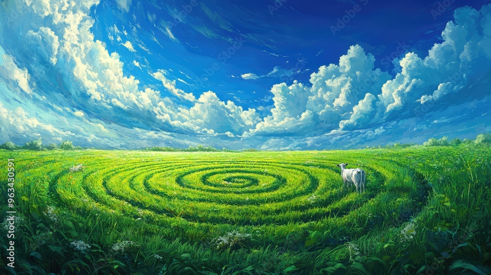 A crop circle with a grazing cow, set in a vibrant green field under a deep blue sky with soft, billowing clouds A crop circle with a grazing cow, set in a vibrant green field under a deep blue sky with soft, billowing clouds
