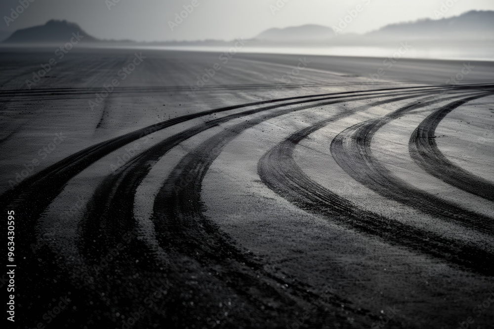 Fototapeta premium Aerial view Textured background vehicle tracks on asphalt road with ice, Tire tracks in the snow.