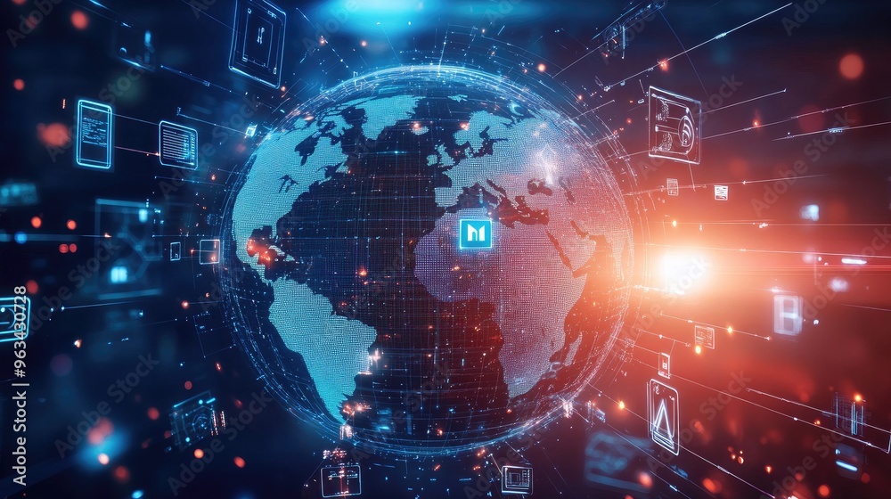 A creative shot of a world globe surrounded by digital communication symbols and devices like phones and laptops, representing global interaction. A creative shot of a world globe surrounded by digital communication symbols and devices like phones and laptops, representing global interaction.