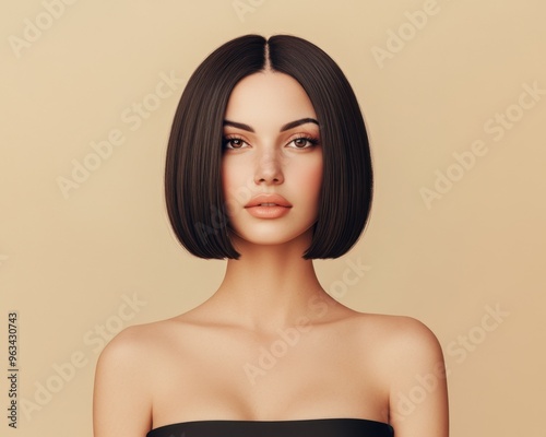 A stunning portrait of a woman with sleek bob haircut against a neutral background, showcasing beauty and elegance.