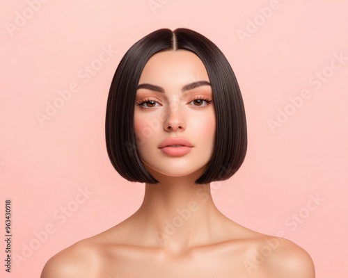 Elegant model with sleek black bob hairstyle posed against a soft pink background, showcasing beauty and confidence.