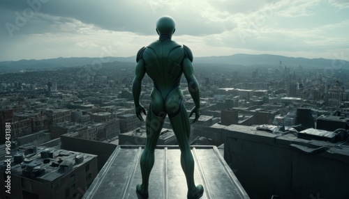 A striking image of an alien figure standing on a rooftop, overlooking a vast futuristic cityscape under a cloudy sky. The scene is imbued with a sense of power and dominance, ideal for themes of