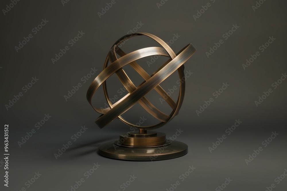 Bronze armillary sphere sculpture is standing on a simple grey background with natural lighting Bronze armillary sphere sculpture is standing on a simple grey background with natural lighting