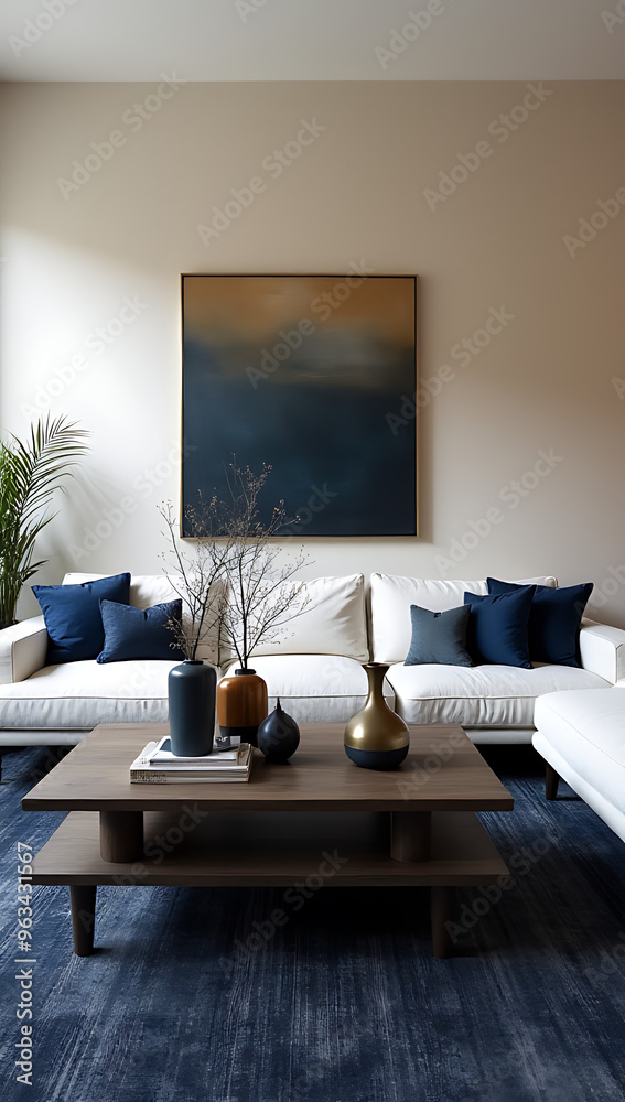 a wide view of modern and cozy living room with decorations on top of a light wood center table, dark blue sofas, big grey textured rug and wall in light grey color. cushions and a blanket in petrol a wide view of modern and cozy living room with decorations on top of a light wood center table, dark blue sofas, big grey textured rug and wall in light grey color. cushions and a blanket in petrol