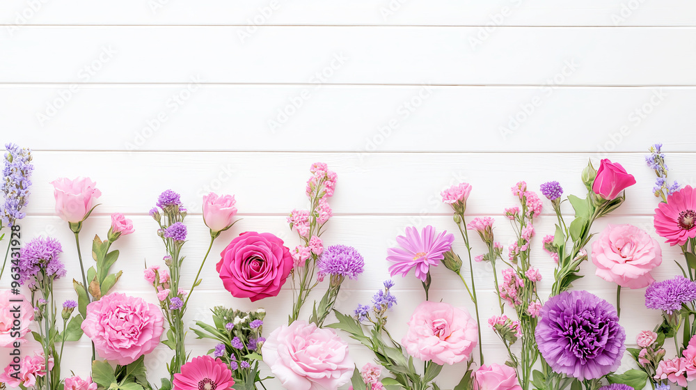 custom made wallpaper toronto digitalA delicate side border of pink and purple flowers, including roses, carnations, and daisies, arranged against a white wood background, leaving room for elegant copy space