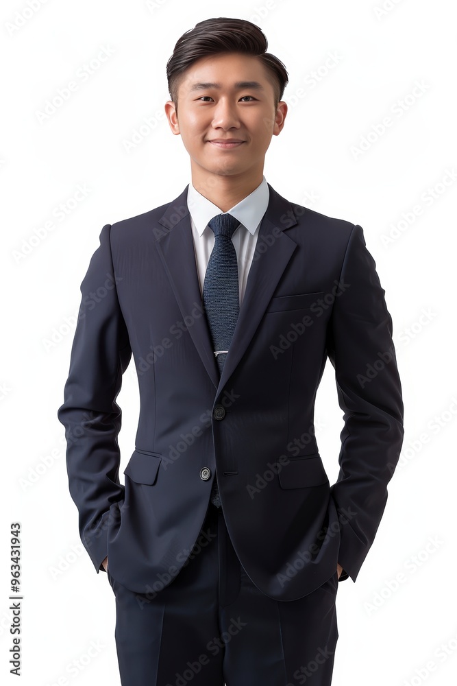 Confident young businessman in a suit and tie standing with hands in pockets. Confident young businessman in a suit and tie standing with hands in pockets.