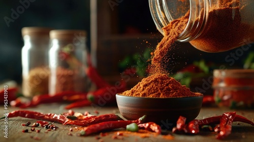 Fototapeta Naklejka Na Ścianę i Meble -  A detailed view of a jar of chili powder being poured into a small bowl, with whole chili peppers and spice containers in the background.