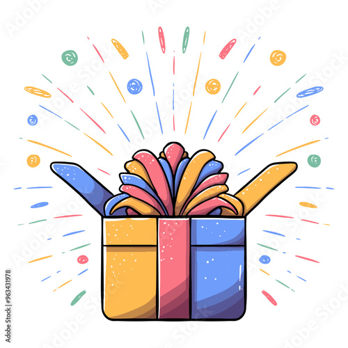 Festive illustration of an open gift box with a colorful explosion of ribbons and confetti bursting out. The box features bright colors and a celebratory design, perfect for party invitations cards.