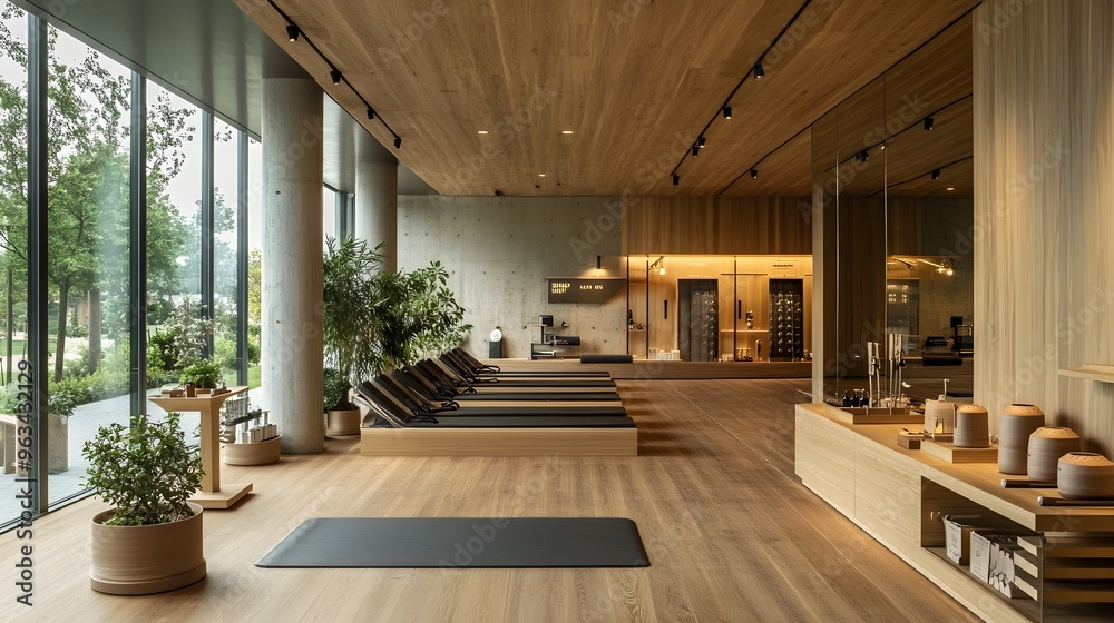 Obraz premium Panoramic View of a Modern Wellness Center Highlighting Natural Materials and Ergonomic Design