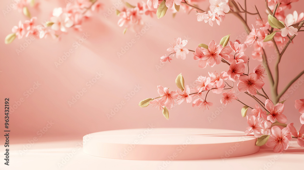 A spring floral scene with a podium display against a pink pastel background, ideal for showcasing products for Mother s Day A spring floral scene with a podium display against a pink pastel background, ideal for showcasing products for Mother s Day
