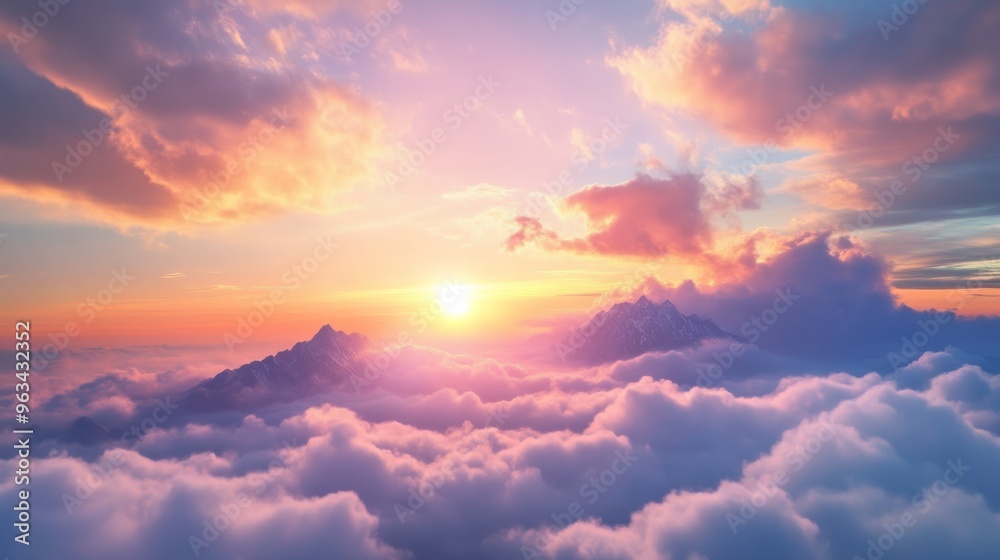 Sunrise over mountain peaks and clouds, serene Sunrise over mountain peaks and clouds, serene