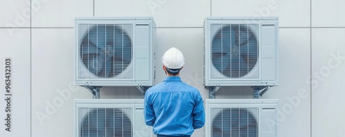 Repairman performing routine maintenance on a large commercial air conditioning unit, repairman maintaining commercial AC, HVAC service professional