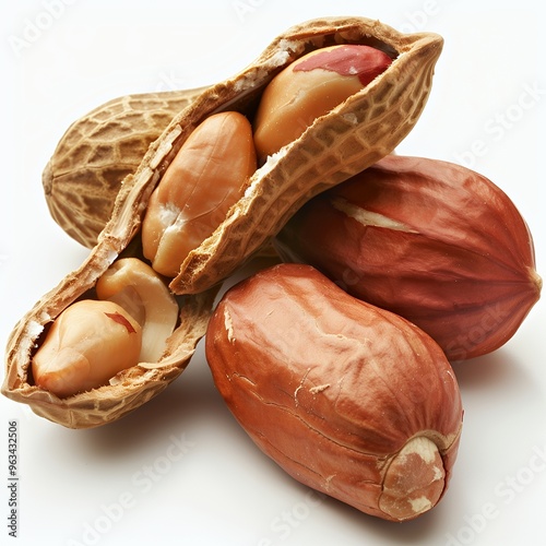 Close-up of peanuts in shell with one open, revealing the nut inside.