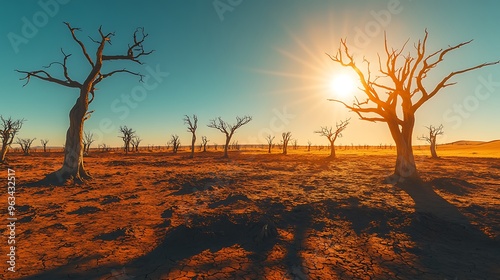 A sun-baked plain with withered trees, symbolizing the irreversible impact of drought and global warming on our world. photo