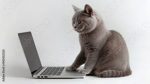 In home interior on gray background, russian blue cat sits on keyboard of notebook