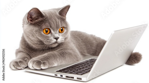 Blue russian cat on board of notebook in home interior with gray background