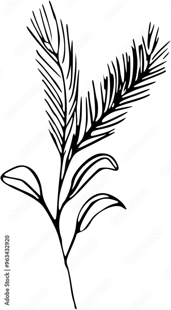 Naklejka premium Botanical abstract line arts Bouquets of herbs, flowers, leaves and branches. Hand drawn minimal design. Perfect for wallpaper, template, banner, wall decor, print, postcard, cover Vector illustration