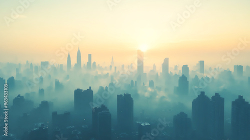 City skyline with morning haze, Monday morning, urban awakening photo