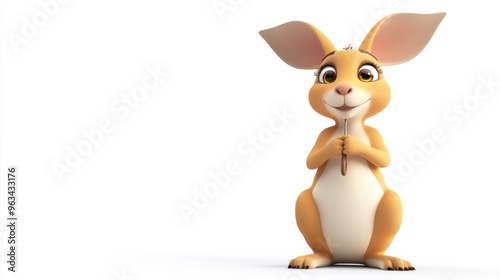 A cheerful cartoon rabbit with large ears, standing and smiling, conveying friendliness.