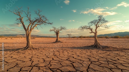 Dead trees fading into the cracks of a parched plain, symbolizing the slow disappearance of life-supporting resources like water. photo