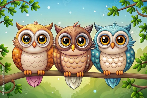 Whimsical illustration of three colorful owls perched on tree branch in lush forest photo