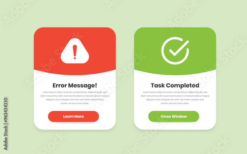 Minimalist Popup Design for Error Messages and Task Completion Screens with Action Buttons