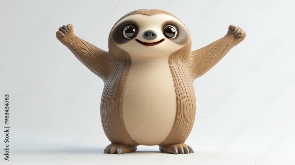 Fototapeta premium A cheerful cartoon sloth with a friendly expression and raised arms, symbolizing happiness.
