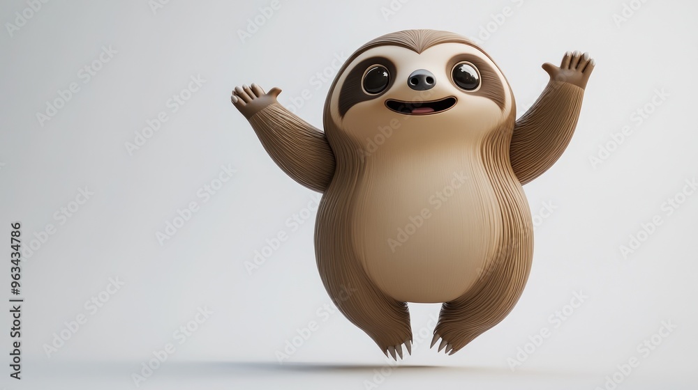 Fototapeta premium A cheerful cartoon sloth with a friendly expression, appearing to jump with joy.