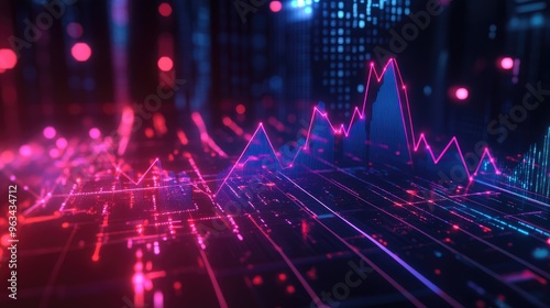 A glowing 3D line graph with upward-trending lines, surrounded by futuristic tech elements, symbolizing success in business analytics.