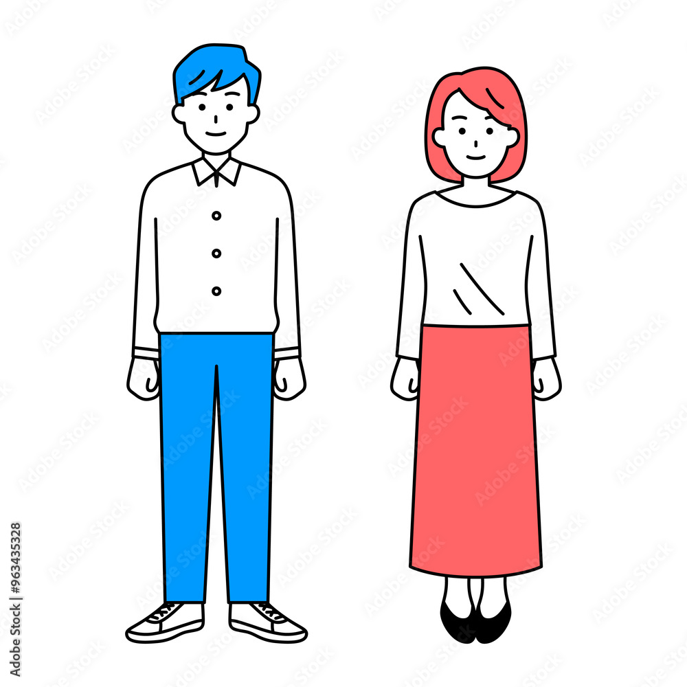 正面を向くカジュアルな男女(全身) セット 正面を向くカジュアルな男女(全身) セット
