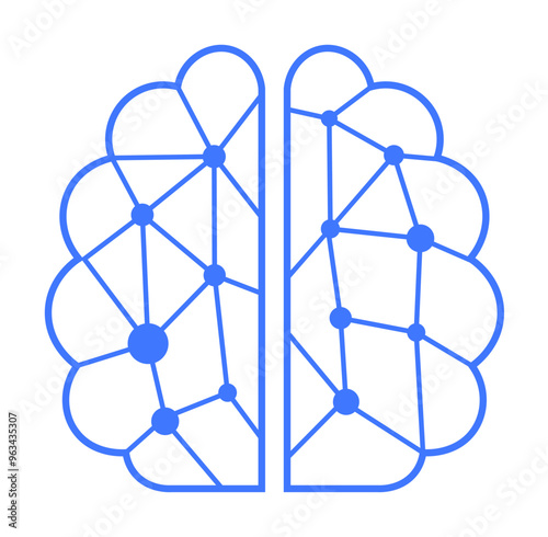 The image shows a brain divided into two hemispheres with interconnected nodes and lines, representing neural connections, AI, machine learning, and networking themes in a simplistic blue color.