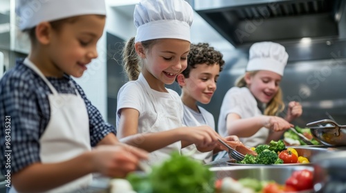 Diverse children cooking together in school kitchen competition teamwork and creativity in action, Class room activity.