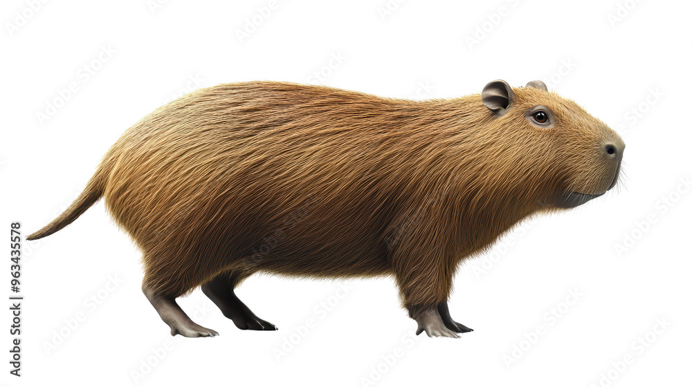 A detailed illustration of a capybara, showcasing its unique features and natural brown coloration against a transparent background.