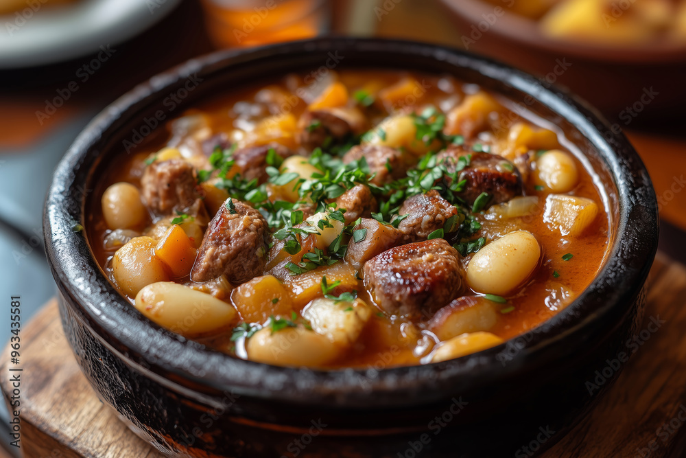 A hearty serving of Fabada Asturiana showcasing vibrant colors and rich ingredients in a rustic Spanish setting A hearty serving of Fabada Asturiana showcasing vibrant colors and rich ingredients in a rustic Spanish setting