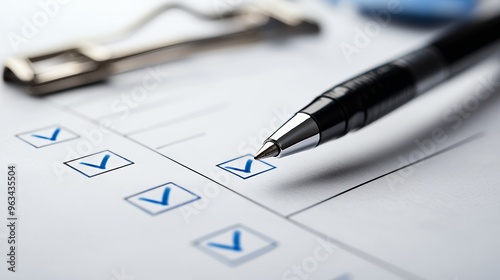 Close-up of a pen marking a checklist with blue check marks.