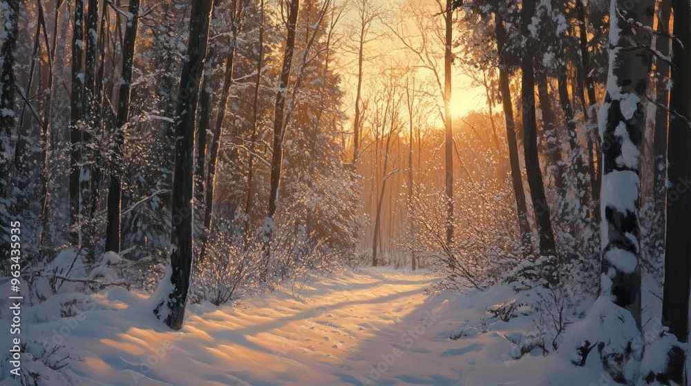 Sunset Through Snowy Forest Trees Sunset Through Snowy Forest Trees