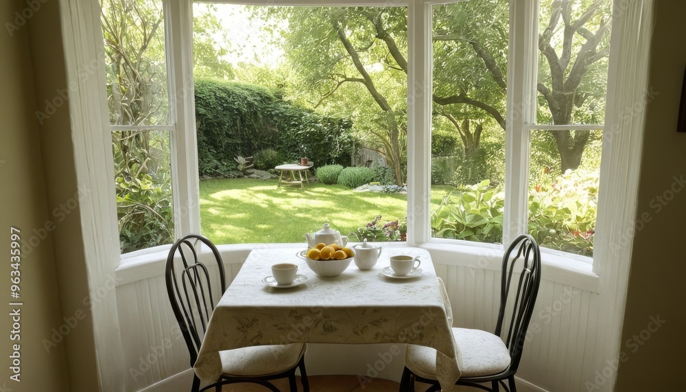 Fototapeta premium A quaint dining nook with a white tablecloth, set for breakfast, looks out onto a lush, private garden. The bright morning light and greenery create a serene and inviting atmosphere perfect for a
