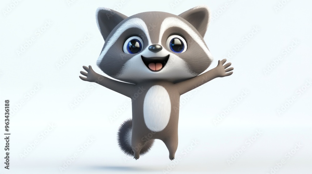A cheerful, animated raccoon character with a playful expression, arms outstretched in joy. A cheerful, animated raccoon character with a playful expression, arms outstretched in joy.