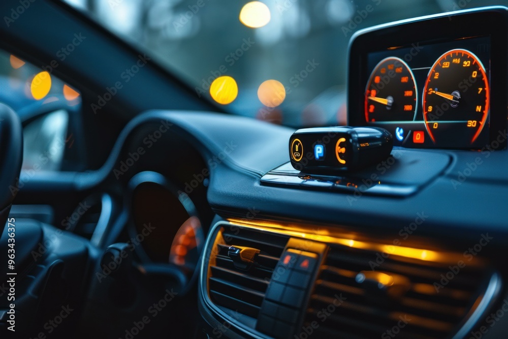 Modern parking sensor device with steering wheel angle symbol lying on car dashboard in the evening Modern parking sensor device with steering wheel angle symbol lying on car dashboard in the evening