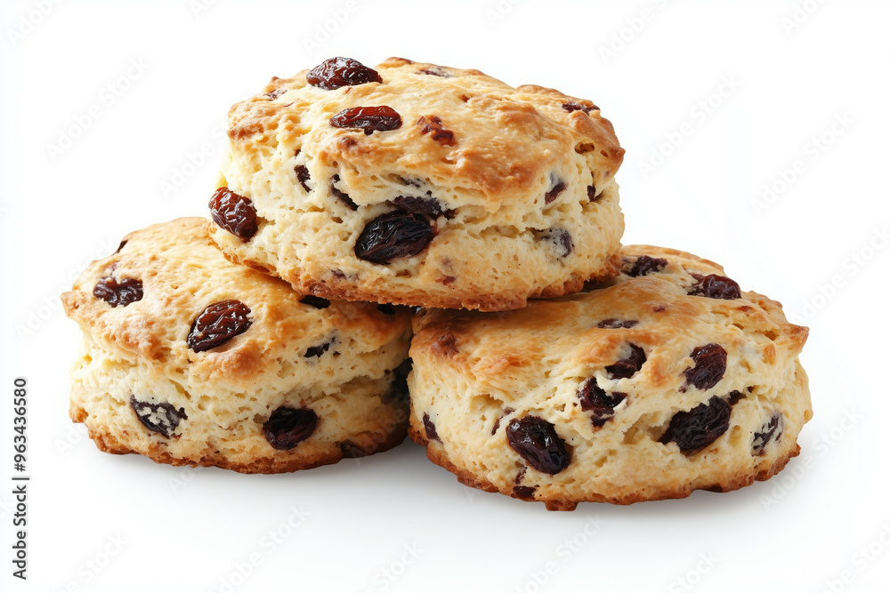 Delightful homemade raisin scones stacked elegantly on a bright white surface, perfect for breakfast or afternoon tea Delightful homemade raisin scones stacked elegantly on a bright white surface, perfect for breakfast or afternoon tea