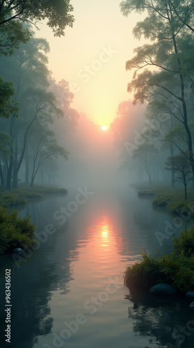 Morgendämmerung am nebelverhangenen Fluss