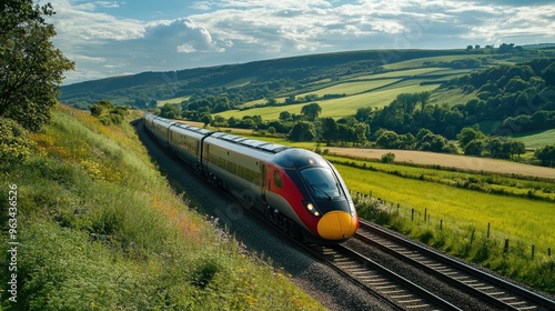 A high-speed train navigating through a picturesque countryside, with rolling hills and greenery enhancing the sense of speed and efficiency.