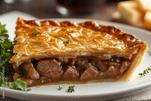 Enjoying a deliciously baked steak and kidney pie served on a rustic plate with fresh greens in a cozy kitchen setting