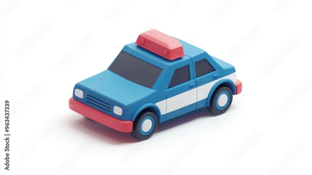 A colorful toy police car with a light on top, designed for play and imagination. A colorful toy police car with a light on top, designed for play and imagination.