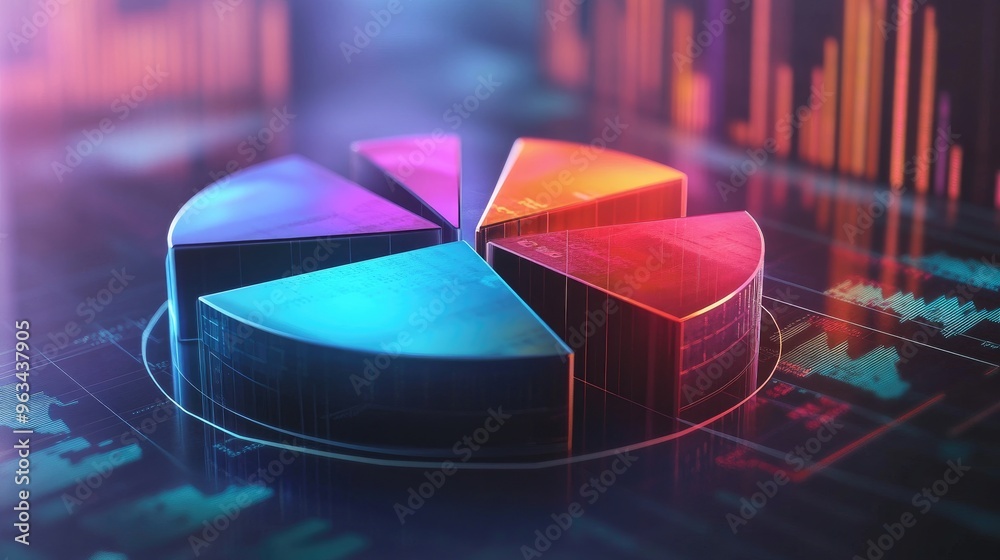 Fototapeta premium A modern 3D pie chart with transparent slices, rotating to reveal different sections of business data in a dynamic, high-tech style.