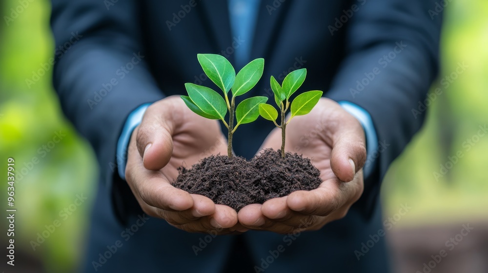 Hands of business leader holding a young green plant growing from soil, symbolizing growth and sustainability.