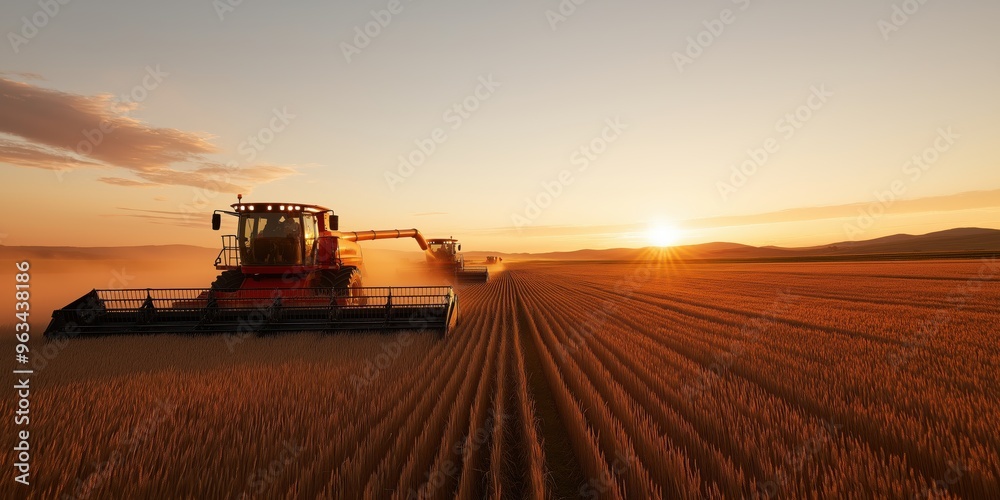 Fototapeta premium Golden wheat fields being harvested at sunset, combines in action, with dramatic golden hour light 